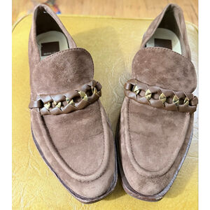 Dolce Vita Brown Suede Loafers with Gold Chain Detail Size 8